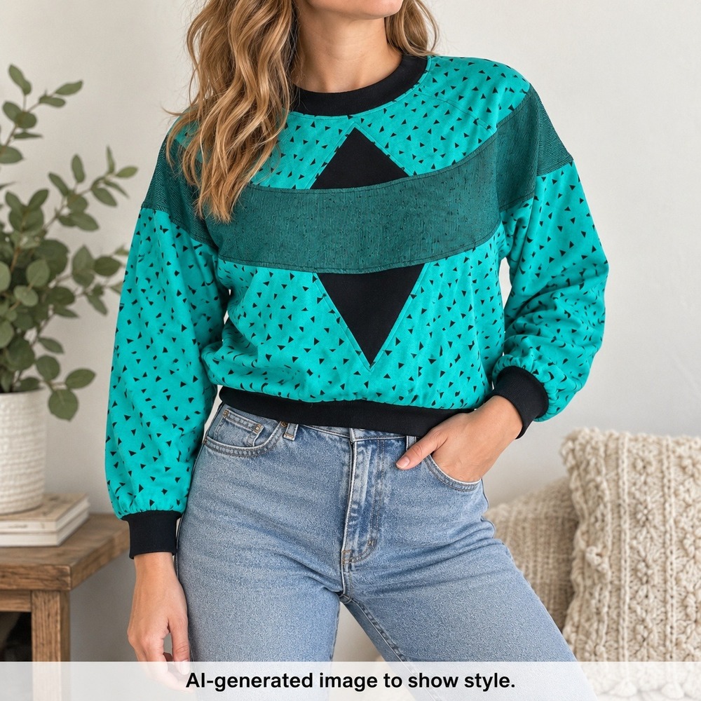 Vintage 80s 90s Gitano Womens‎ Geometric Teal Sweatshirt Retro Top Size M